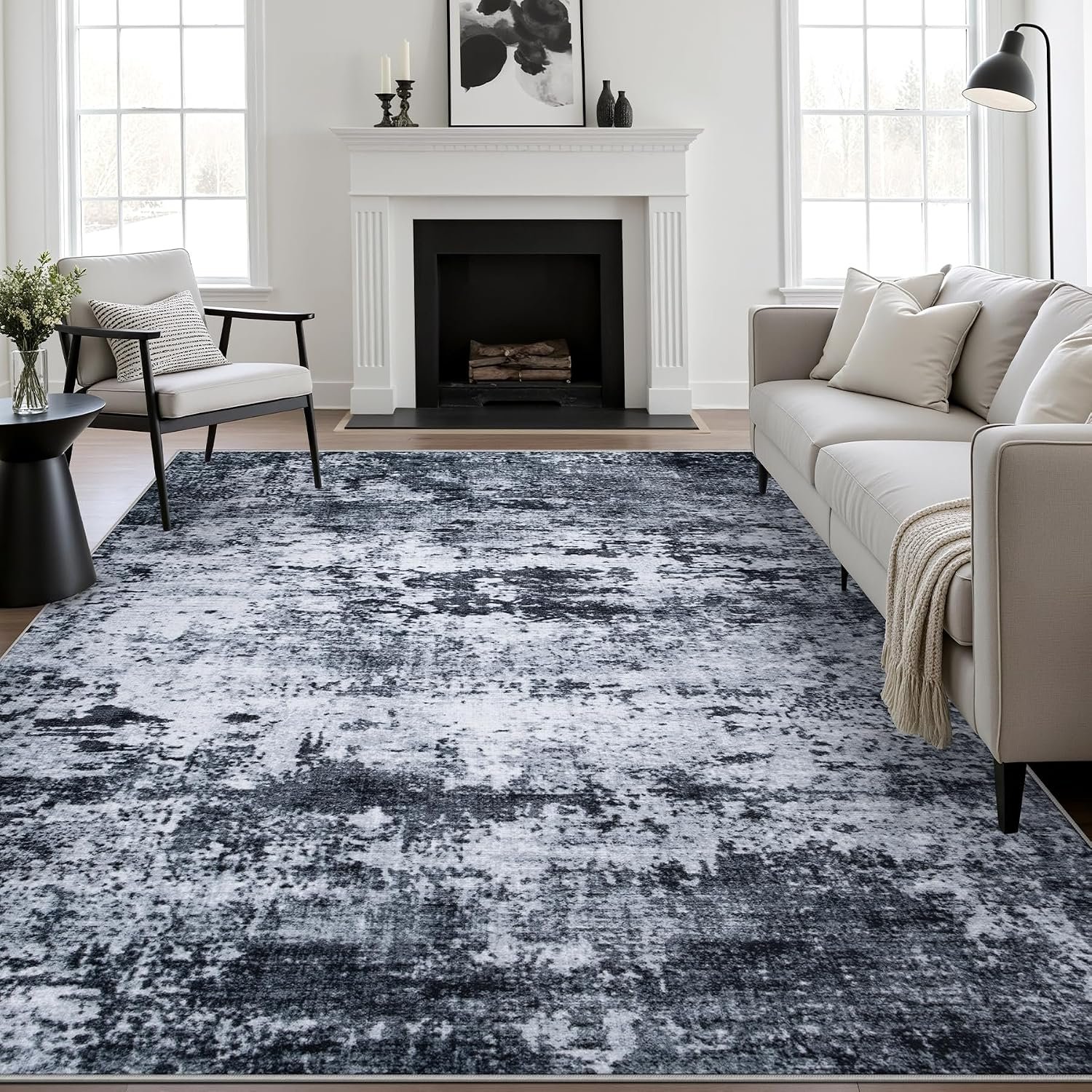 5×7 Area Rug Living Room: Modern Washable Indoor Carpet Black | For Bedroom Dining Room Farmhouse Nursery Hallway Office,Modern Abstract,Machine washable,Non-Slip,Stain Resistant,Indoor
