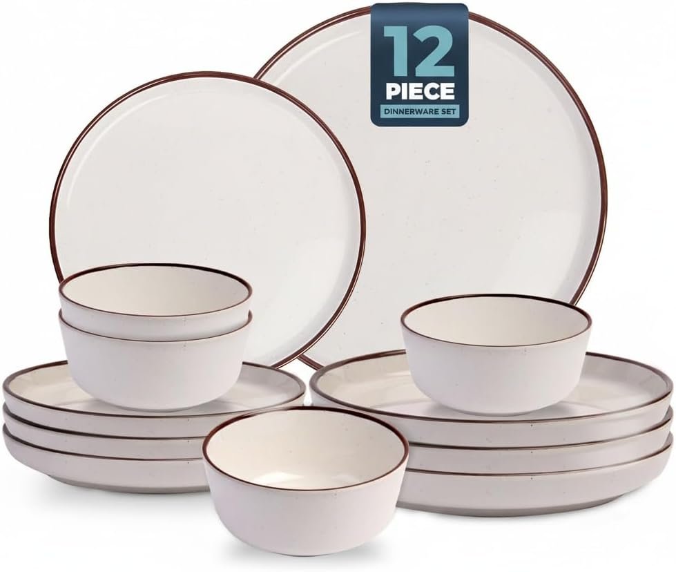 12 Piece Melamine Dinnerware Sets for 4, White Base with Speckles,Modern Plates and Bowls Sets, Lightweight Shatterproof Durable Dishware for Camping Picnic Party(White with Dark Brown Rim)