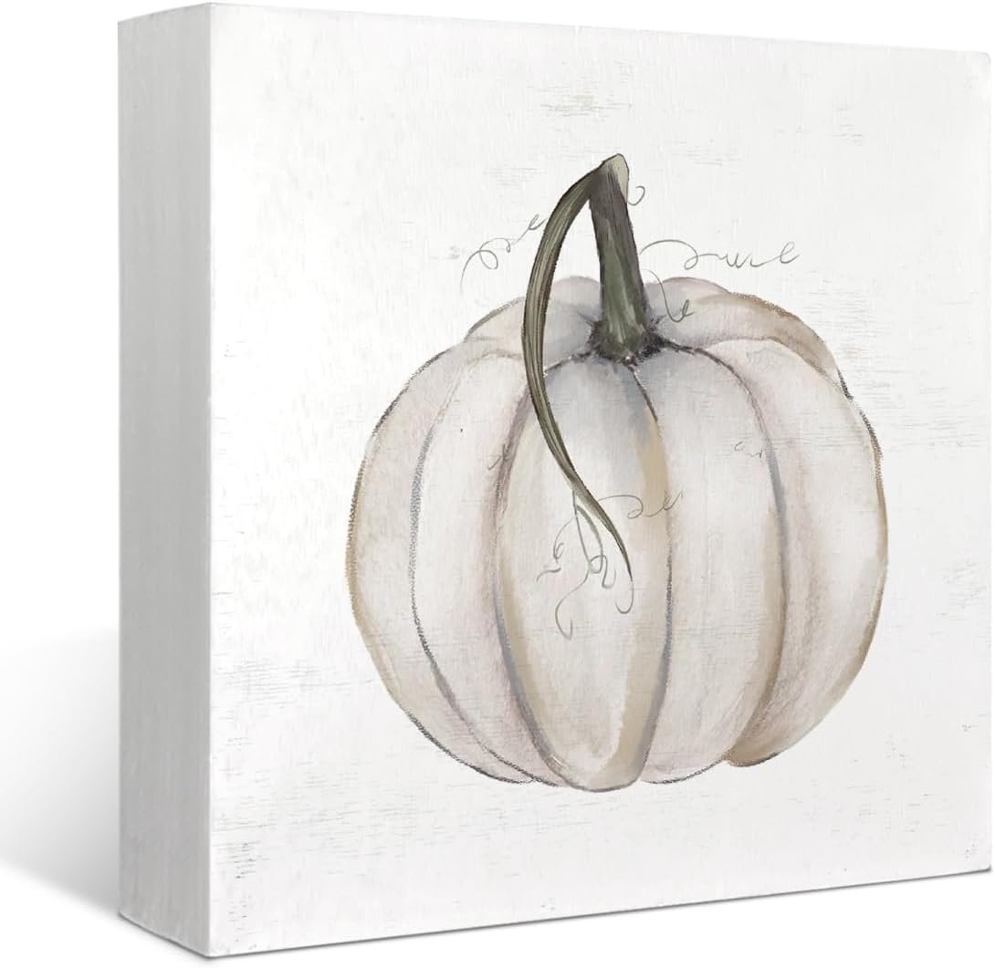 Fall Decor White Pumpkin Wooden Box Sign,Neutral Fall Decor,Thanksgiving Decorations Wood Block Plaque Rustic Fall Decorations For Home Indoor Living Room Office Kitchen Bedroom 5 X 5 Inch
