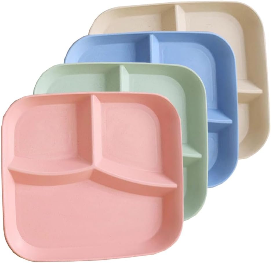 Unbreakable Wheat Straw Dinner Plates for Healthy Eating – 10 Inch Divided Portion Control Plates, 4 Pack BPA Free, Suitable for Kids & Adults, Perfect for Picnics