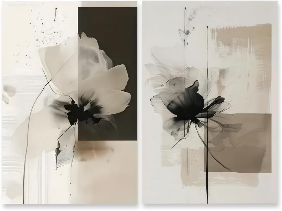 HUYKON Minimalist Abstract Floral Wall Art Prints Set of 2 Neutral Beige Black Flower Canvas Painting Poster Trendy Botanical Picture for Gallery Modern Japandi Boho Home Decor 8x12inch Unframed
