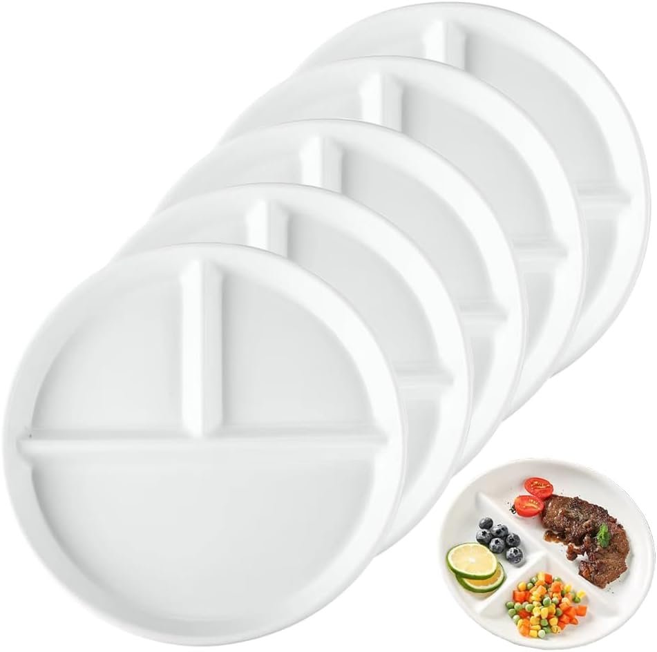 LRUUIDDE (5 Pack) Portion Control Plate for Balanced Eating, 9″ Unbreakable Divided Plates,3 Compartment Plates, Reusable Plastic Plates, BPA Free for Kids Adults (White)