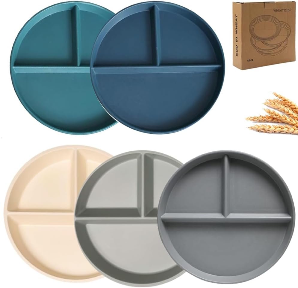 LRUUIDDE Unbreakable Divided Dinner Plate Set of 5, Wheat Straw Plates BPA Free 9 Inch, Portion Control Plate Healthy Eating & Bariatric Diet Divided Plates, Dinner Diet Plates for Kids