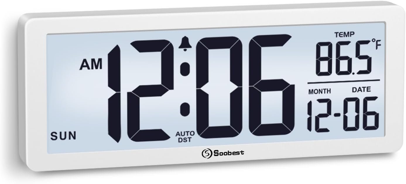 Soobest 8.5 Inch Digital Wall Clock Battery Operated, Compact Display | Auto Nightlight and Manual Backlight, Temperature, Date, Day & Auto DST, Slim, Small for Bedroom, Living Room, Office Desk