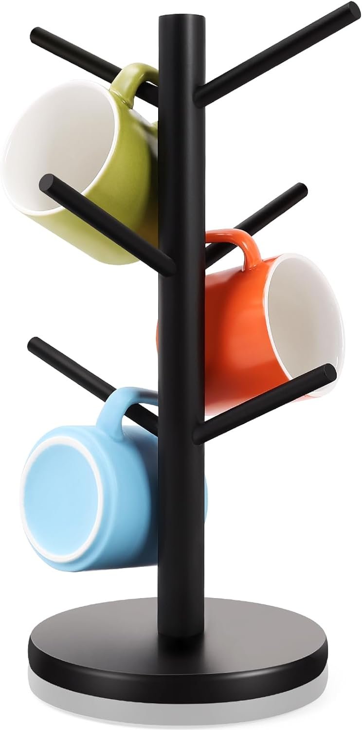 Fertoriy Wood Mug Holder Tree with 6 Hooks for Countertop | Thicker Base Coffee Cup Holder, Non-Slip, Home Storage and Organizer