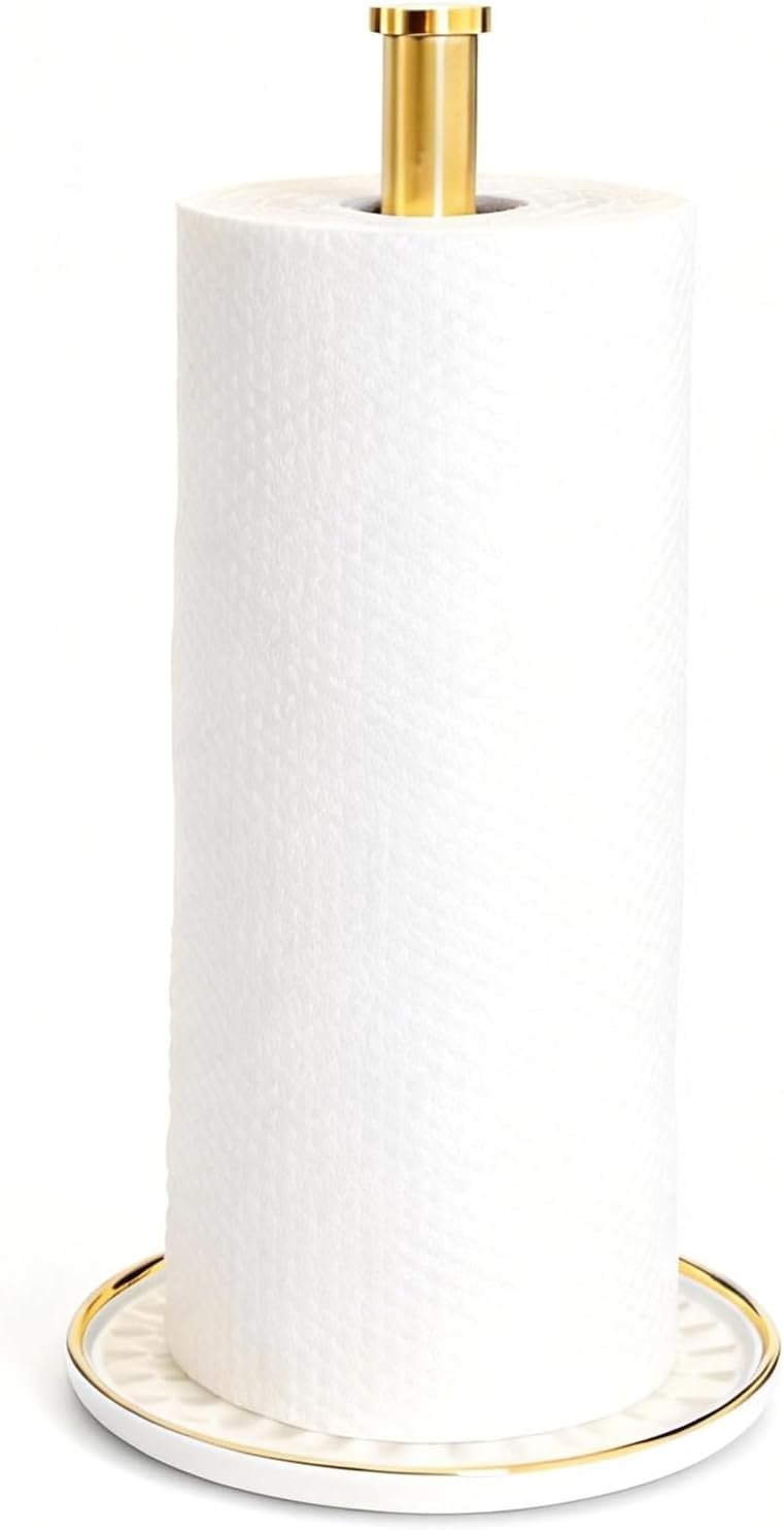 Paper Towel Holder Countertop,Kitchen Paper Towels Holder with Weighted Ceramic Base, Golden Paper Towel Holders for Standard and Large Size Rolls