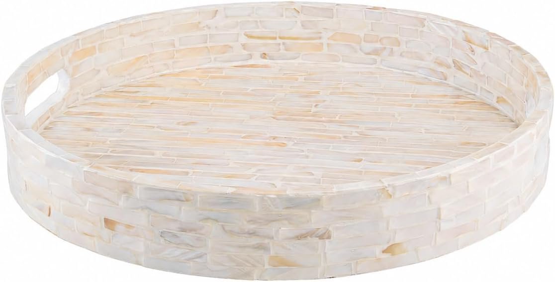 PEMAR 12.6” Decorative Round Serving Tray, Mother of Pearls Inlaid Coffee Table Tray w Insert Handles,Nacred Wooden Ottoman Tray,Bedroom Tray,Cabin Tray. Decorative Platter Basket Tray (White Pattern)