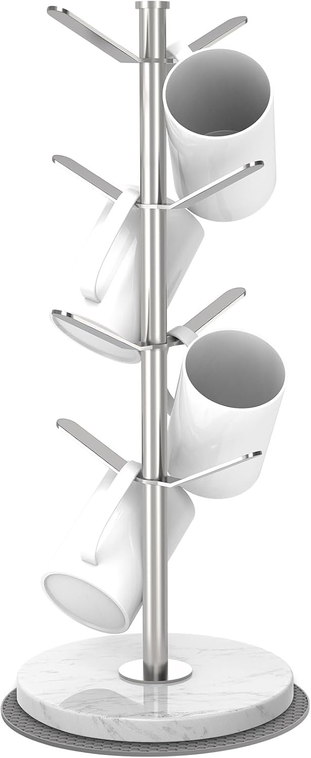 Silver Marble Mug Holder Tree with 2–8 Adjustable Hooks | Detachable Stainless Steel Coffee Cup Stand with Modular Height and Weighted Base for Kitchen Countertop, Silver