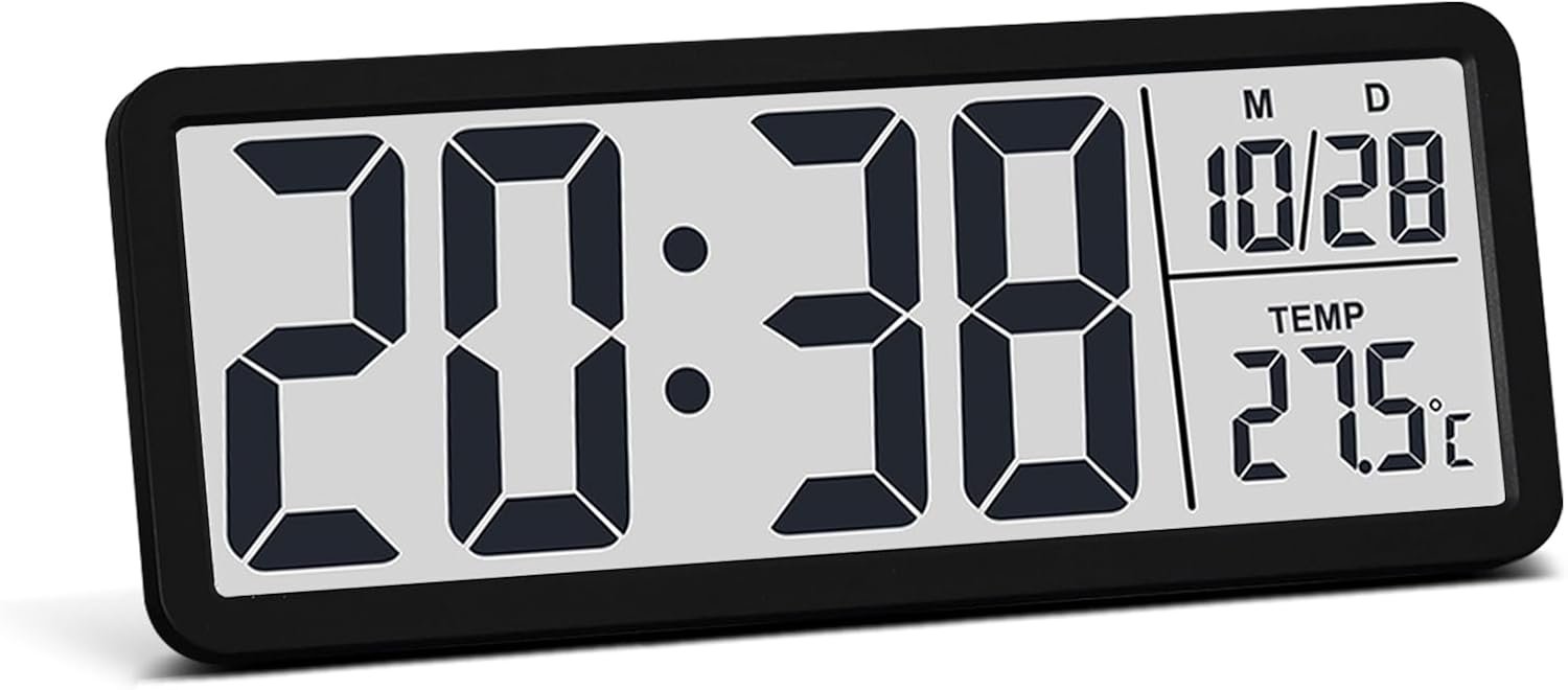 JoFomp LCD Digital Wall Clocks Battery Operated, 8.5″ Modern Wall Clocks for Living Room Decor, Simple Digital Wall Clock with Temperature/Date/Time – 12/24H, Small Desk Clock for Bedroom Office