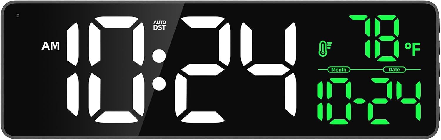 Large LED Digital Wall Clock with Date, Temperature, Auto-Brightness, Auto-DST | Big Digital Clock for Bedroom, Desk, Classroom, Living Room, Kitchen, Office, Gym, Farmhouse, Xmas Gift for Seniors