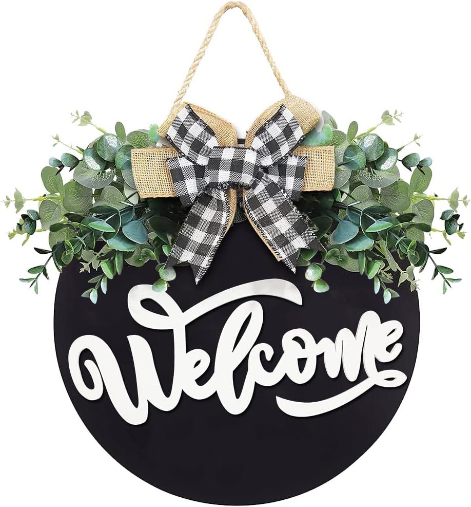 Welcome Sign for Front Door, 12 Inch Round Black Wood Wreath | Thick Solid Wood Board, Weather-Resistant; Stapled Bow & Leaves, 3D Anti-Fade Letters, Farmhouse Housewarming Gift