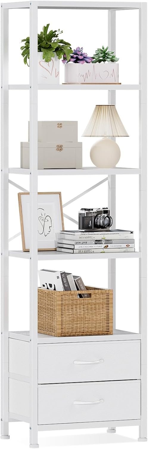 5-Tier Corner Shelf,Tall Narrow Bookshelf with Drawers,White | 65.16″ H Bookcase with Fabric Bins and Metal Frame,Wood Display Shelves for Bedroom,Living Room,Home Office,Easy to Assemble