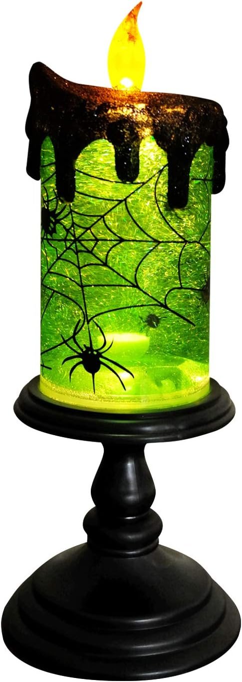 Eldnacele Spider Halloween Snow Globe Flameless Candle Battery Operated | LED Candle with Timer, Tornado Lamp Spinning Water Glittering, Green Light, Spooky Halloween Indoor Decoration, 4″D x 10″H