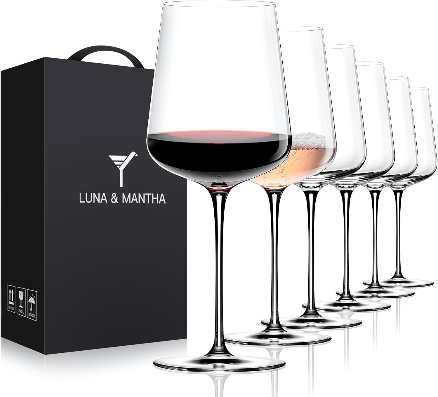 Red Wine Glasses Set of 6, 15oz Crystal Hand Blown, Long Stem, Gift | Clear, Wtite Wine Glass, Ideal for Daily Use, Party, Great Gift for Birthdays, Christmas
