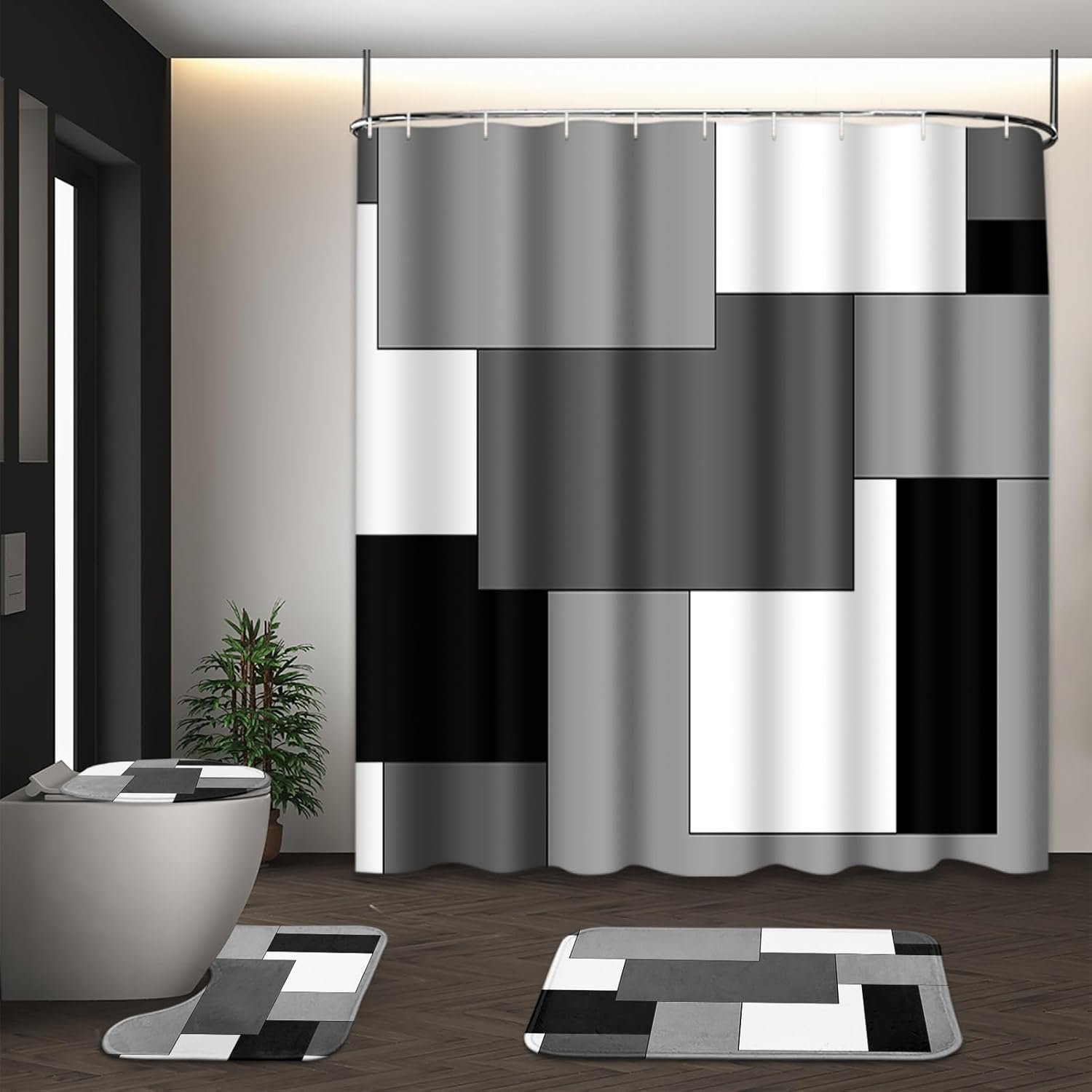 Bathroom Sets with Shower Curtain and Rugs, 4 Pcs, Checkered | Geometric Abstract Modern Bathroom Decor Set with Toilet Lid Cover, Non-Slip Bath Mats and Accessories 12 Hooks
