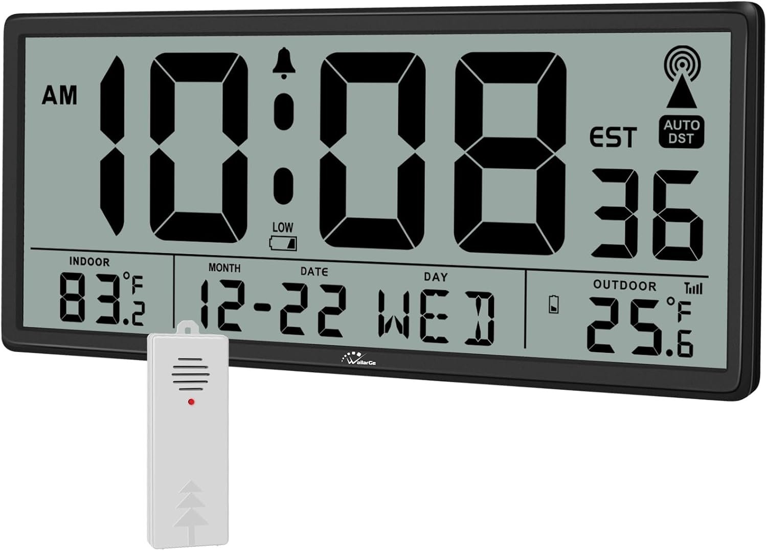 Atomic Clock with Indoor Outdoor Temperature, 14.5″ | Easy to Read, Self Setting, Jumbo Auto Set Digital Wall Clock, Battery Operated