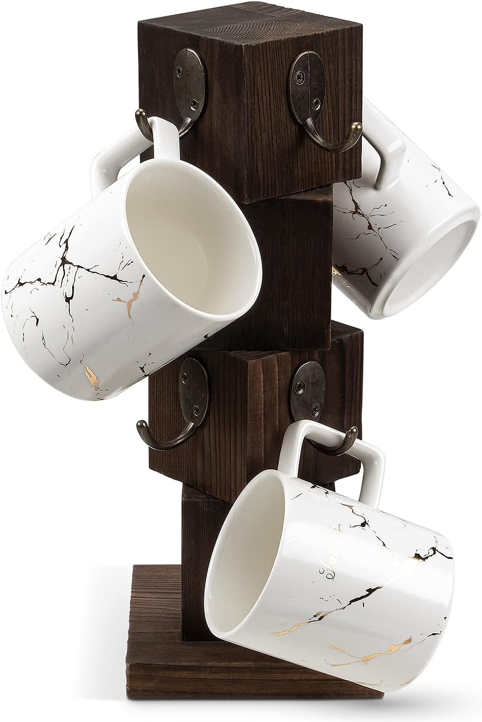 Coffee Mug Holder for Counter, Rustic Solid Wood Mug Tree | Farmhouse Wooden Coffee Cup Rack with 8 Hooks (Rustic Brown)