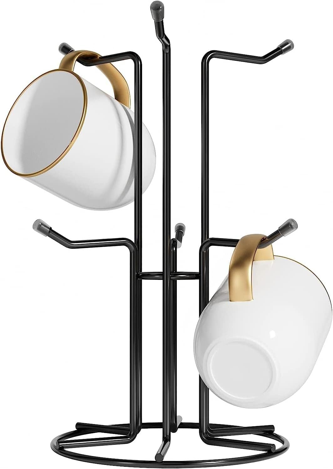 HULISEN Mug Tree for Large Cups, 6 Hook Countertop Coffee Mug Holder, Black | Cup Rack for Counter, Stable Wide Base, Metal Stand for Kitchen Coffee Bar Display, Space-Saving, No Assembly Required
