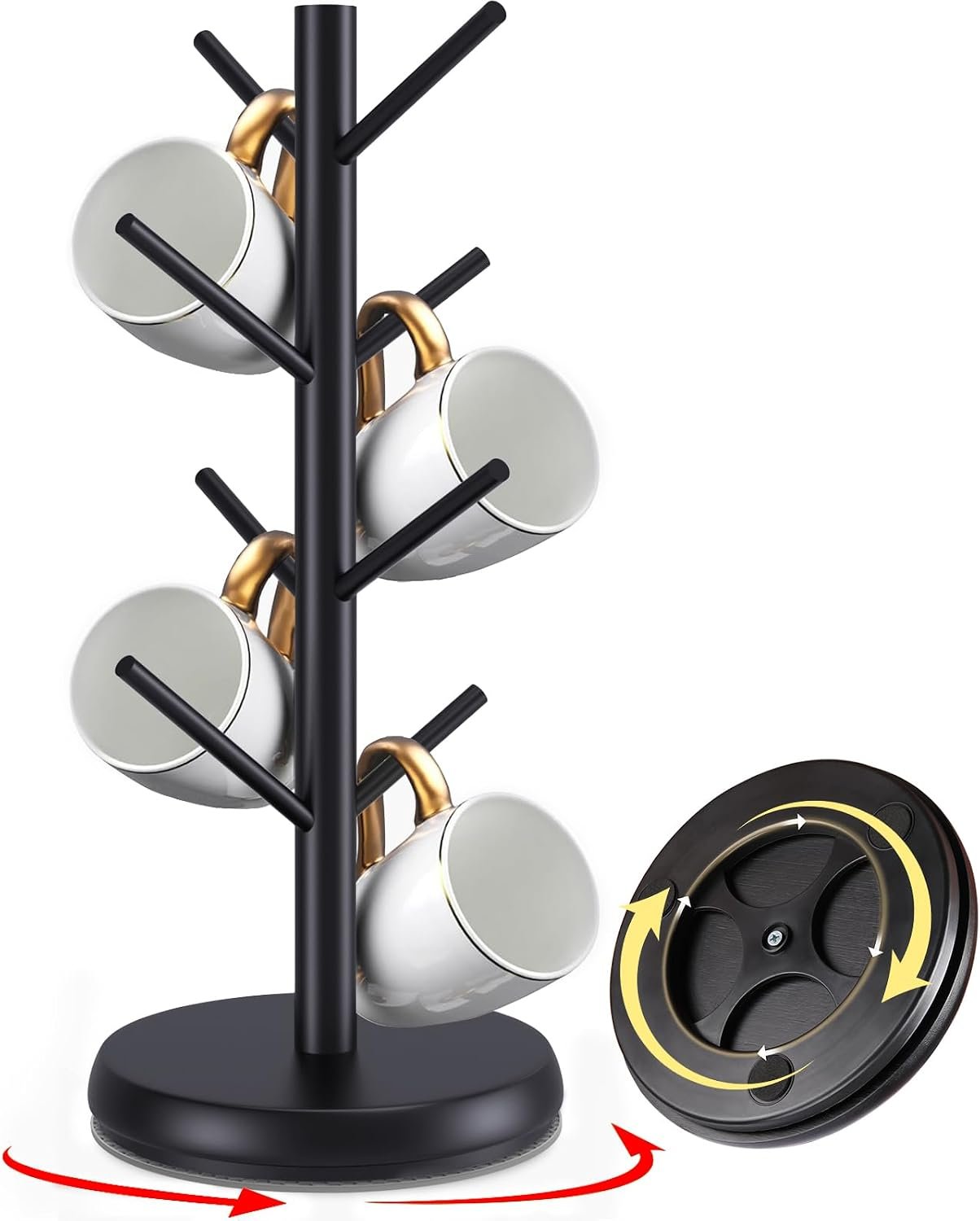 Rotating Mug Tree, 8-Hook Coffee Mug Holder for Countertop | 360° rotating coffee cup holder with 8 hooks and double bamboo base for coffee bars, kitchen counters, and large mugs.