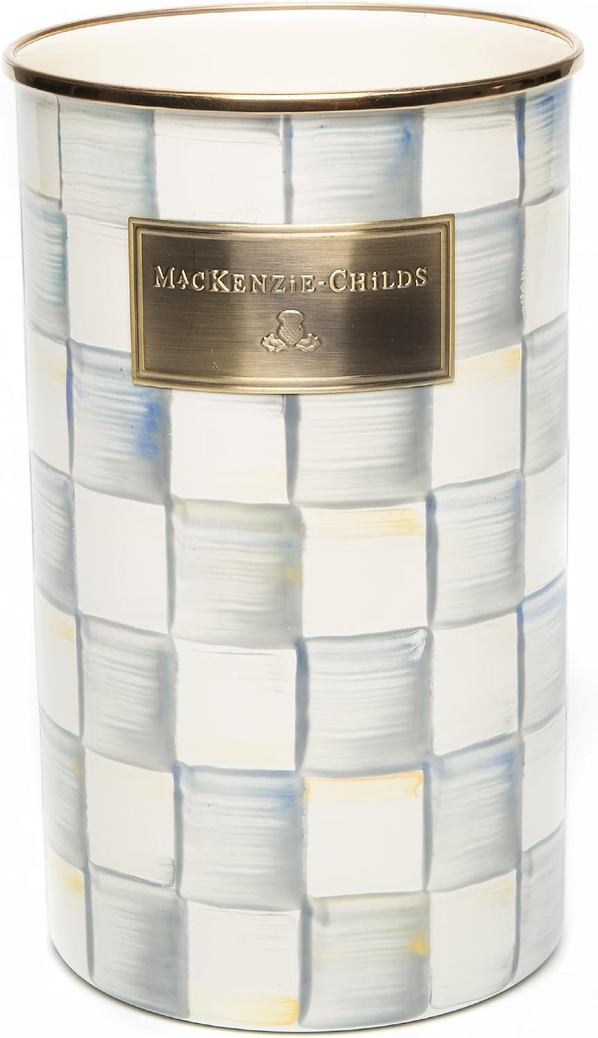 MACKENZIE-CHILDS Enamel Utensil Holder, Gray-and-White Sterling Check | Hand-painted design, made from enameled steel, ideal for storing and organizing kitchen utensils, 5″ dia. x 8.5″ H