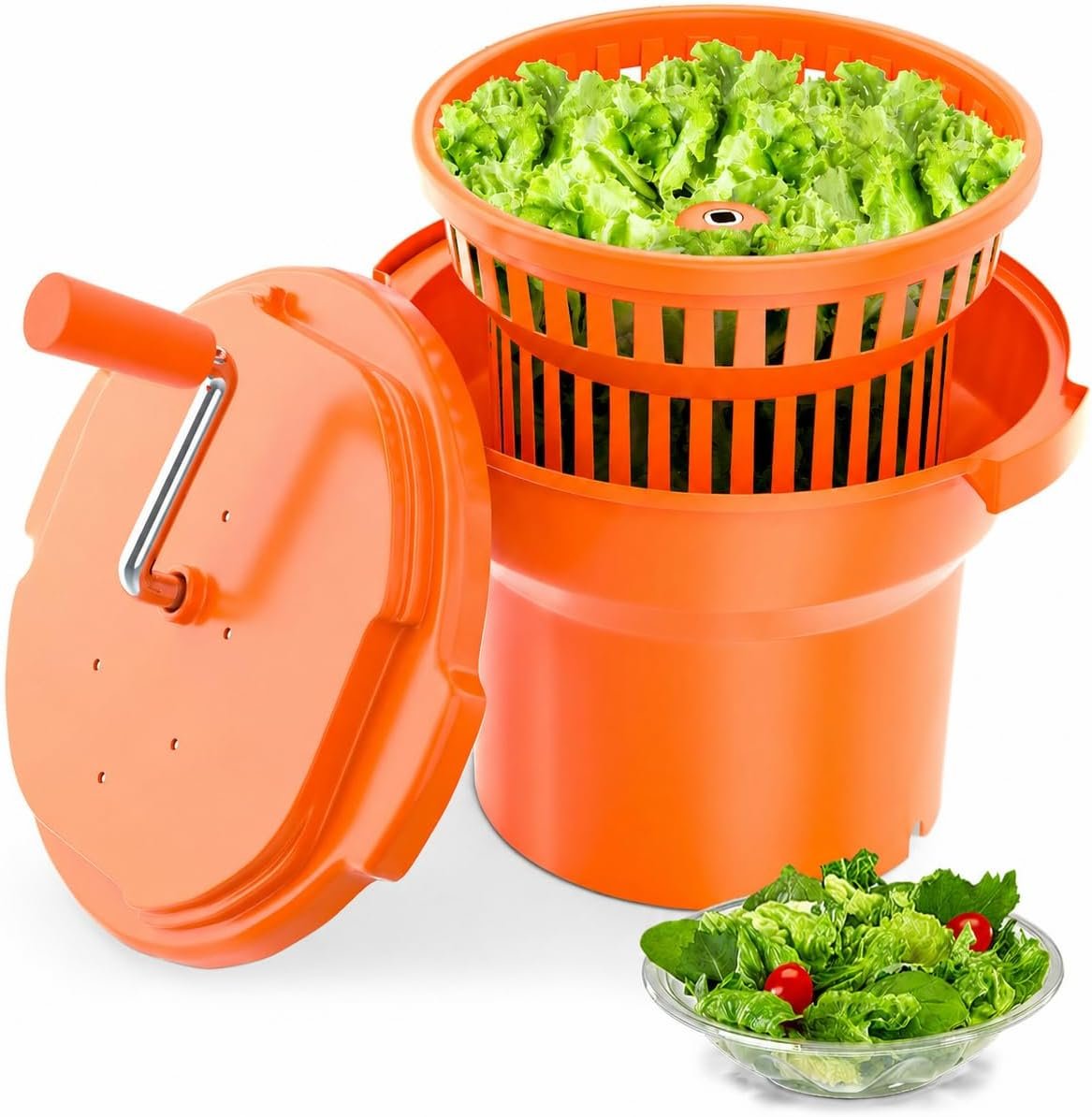 Wantjoin Commercial Salad Spinner – 2.2 Gallon Salad Dryer w/Aluminum Handle & Draining Hose, 10Qt Manual Salad Spinner for up to 3 Heads of Lettuce Spinner Large for Catering Kitchen
