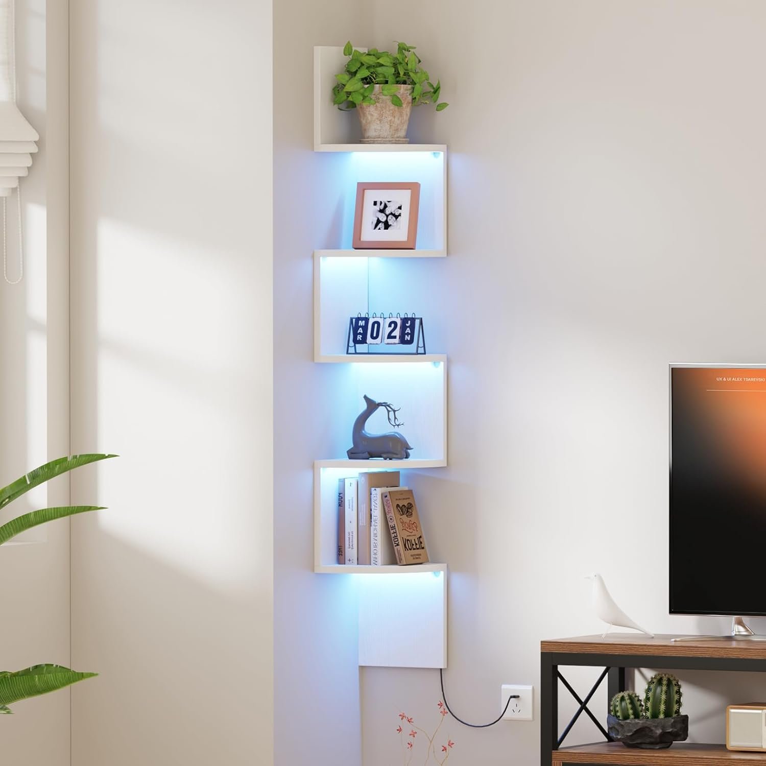 Qupui 5-Tier Corner Shelf with LED, 49″ Floating Wall Shelf, White | RGB 22 Modes 6 Brightness With Remote. L-shaped Staggered Design. Scratch-resistant Laminated Surface. 15-min Assembly