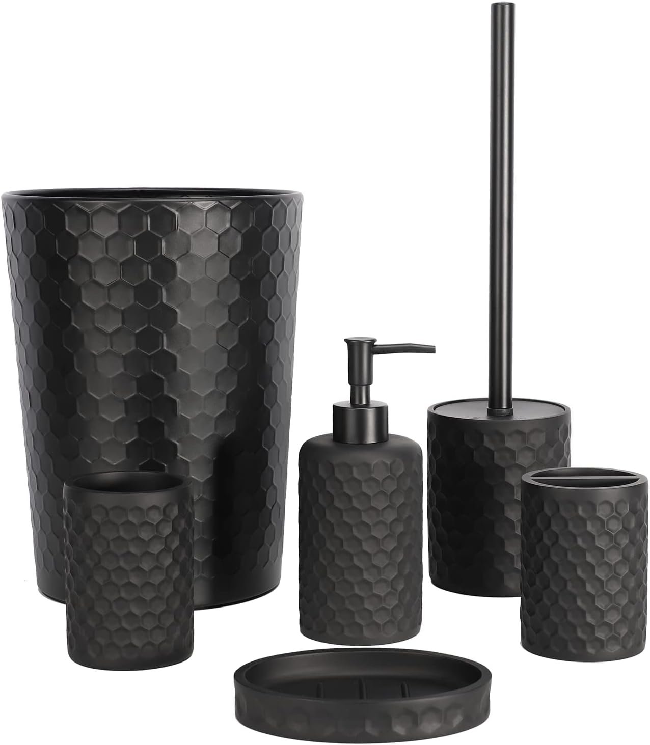 Bathroom Accessory Set – 6 Pcs Black Bathroom Accessories Set with Trash Can, Toothbrush Holder, Toothbrush Cup, Soap Dispenser, Soap Dish, Toilet Brush with Holder – Accessoire Salle de Bain