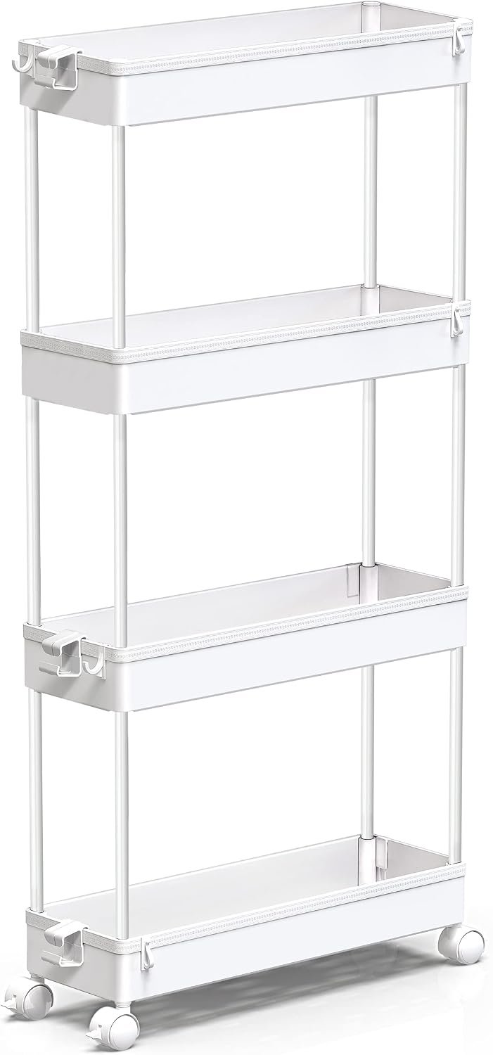 SPACEKEEPER Slim Rolling Storage Cart, 4 Tier Bathroom Cart Organizer,White | Narrow Rolling Cart with Wheels for Kitchen Office Bathroom Laundry Room,Mobile Utility Cart for Craft Art Makeup Nail Polish