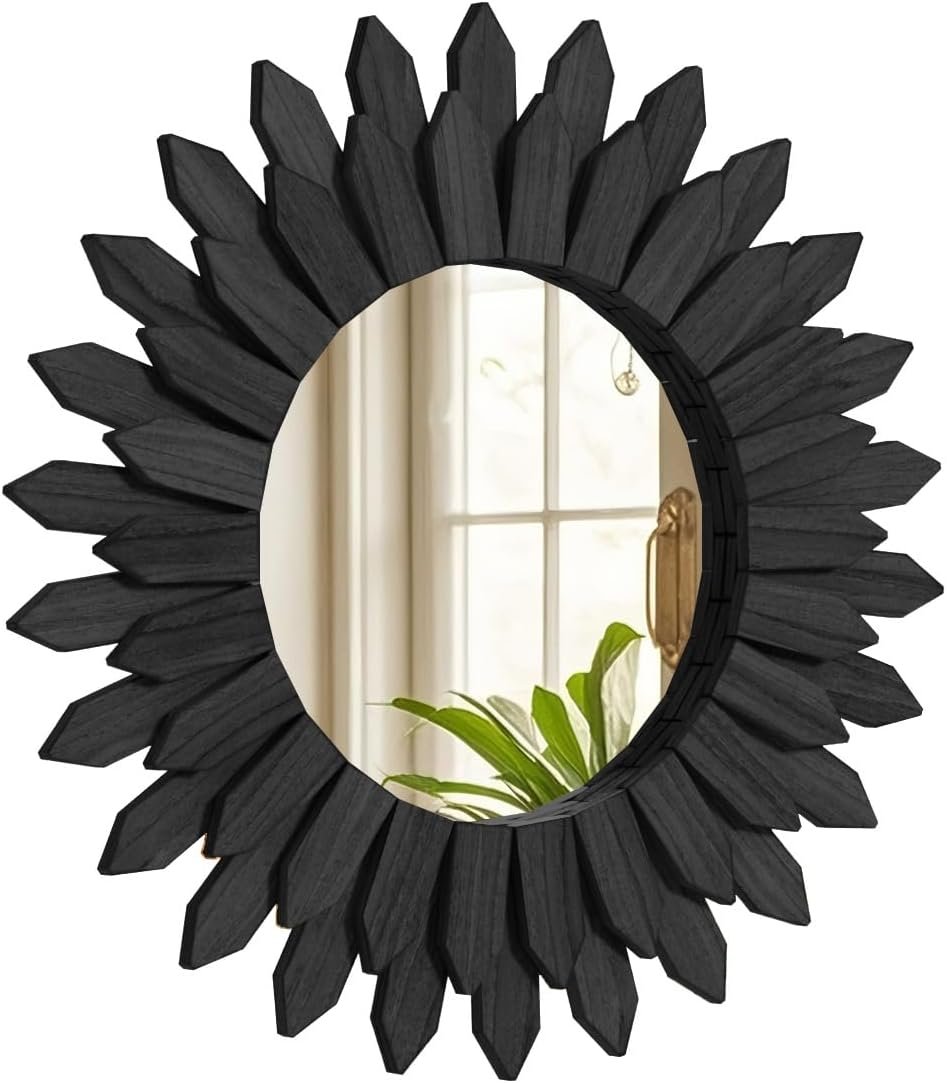 20″ Black Round Sunburst Wooden Mirror Boho Rustic Wall Decor | Handcrafted Circle Wall Mounted Ornate Accent Mirror for Living Room, Bedroom, Entryway, Foyer, Office