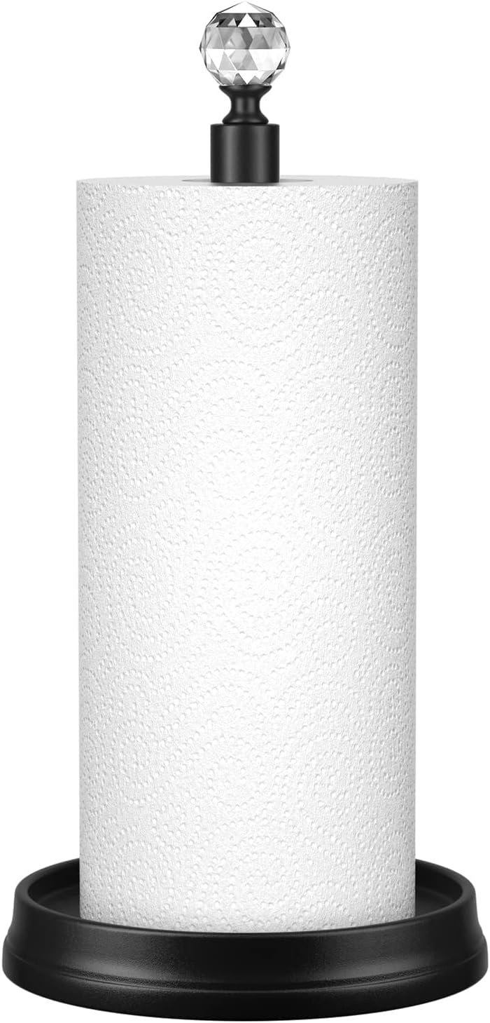 KASUNTO Crystal Head Paper Towel Holder – Steel Countertop Stand for Kitchen, Bars & Dining Tables – Fits Standard & Jumbo Rolls – Matte Black