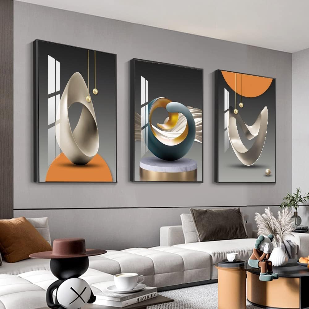 MPLONG Bright Style Large Framed Wall Art, Abstract Modern Art Shape Pattern White Blue Yellow Grey Wall Art Artfully Matching Living Room Bedroom Office Wall Decor – 24″x 32″x 3 Panels