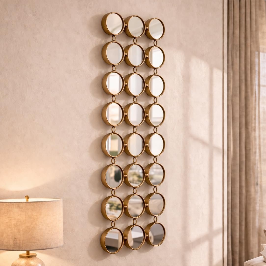 Gold Decorative Wall Mirror, 40.5″ x 14.5″ Metal Frame Accent Mirror with 24 Pieces Round Mirrors, Geometric Wall Decor for Living Room, Entryway, Hallway, Horizontal or Vertical Hanging