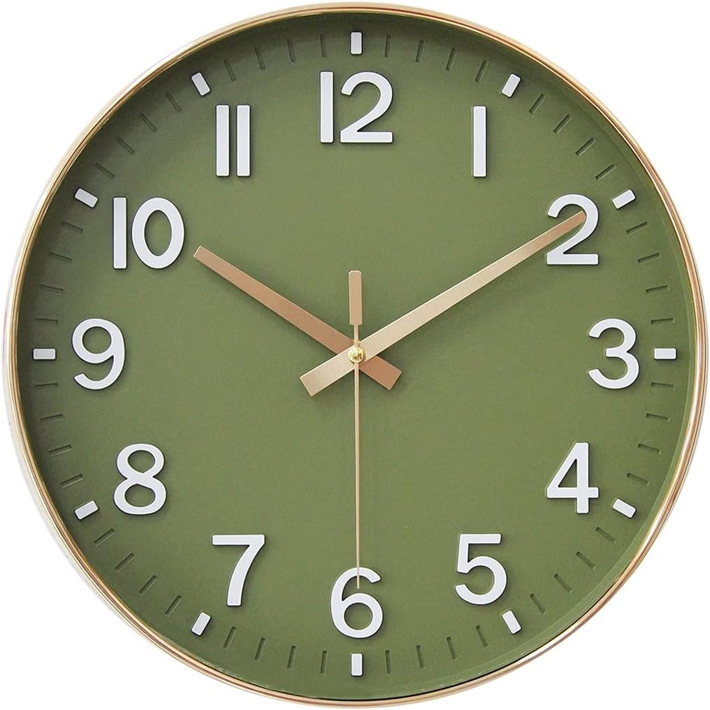 HZDHCLH 12 Inch Silent Wall Clock Battery Operated Non Ticking Olive Green | 12 inch Silent Non Ticking Modern Wall Clock for Living Room Bedroom Kitchen Office Classroom Decor (Olive Green and Gold)