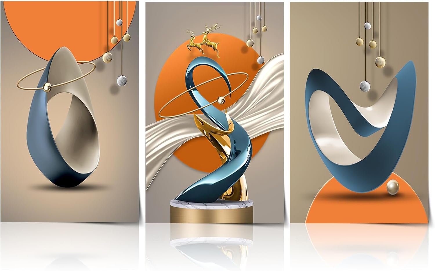 3 Pcs Modern Abstract Canvas Wall art Golden Deer Luxury Foil Lines Paintings Pictures Wall Decor White Blue orange color Grey posters Prints for Living Room Bedroom Office Home Decoration Unframed