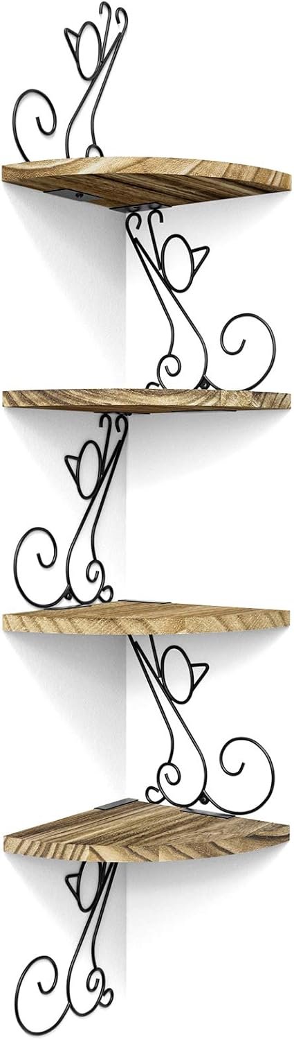 Alsonerbay 4-Tier Cat Shaped Corner Shelf Wall Mount, Carbonized Black | Curved solid wood, 35.2 lbs total capacity, reinforced metal bracket, rustic decor, for bedroom, living room & kitchen