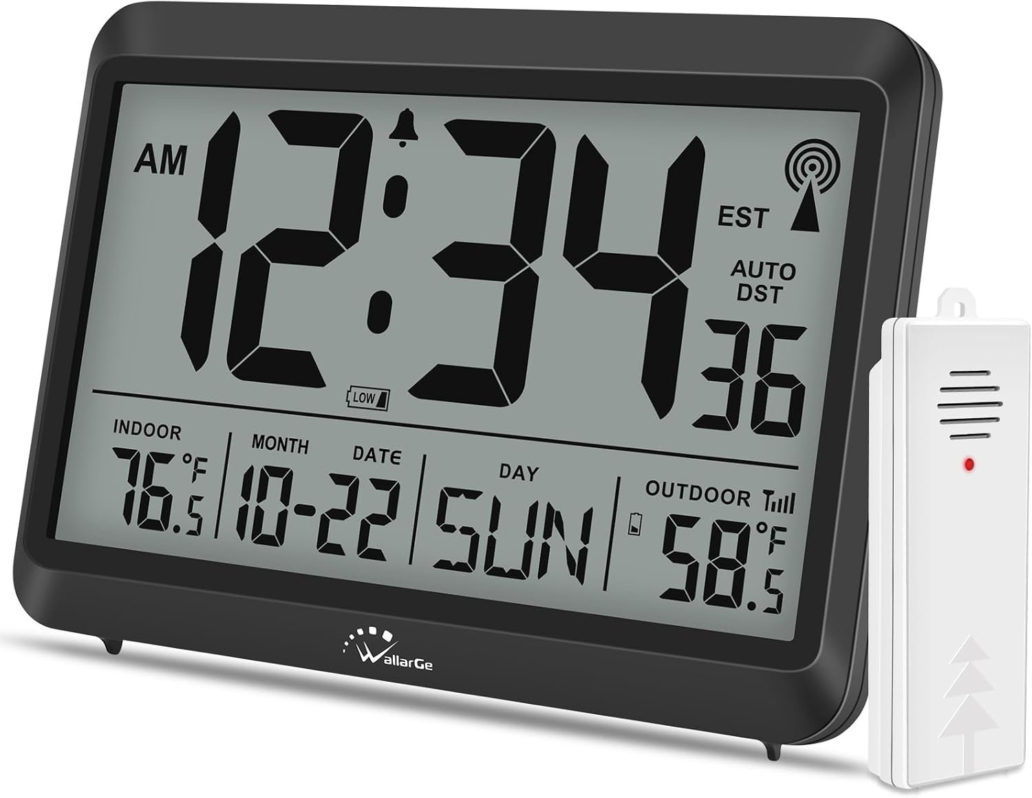 8.5” Digital Atomic Clock with Indoor Outdoor Temp | Battery Operated Self-Setting Clock with Day and Date, 4 Time Zones, Auto DST, Suitable for Classroom, Office, Living Room