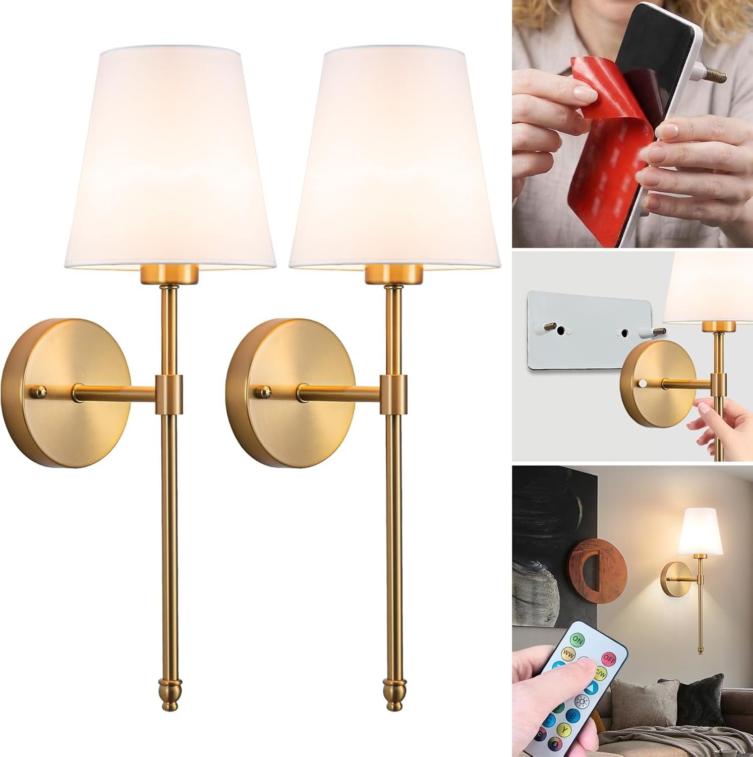 Vimhou Peel and Stick Wall Sconces, Stick On Wall Sconce Set of 2, Battery Operated Wireless Wall Light, No Drill Adhesive Wall Lamp, Corn Bulb with 10000mAh Rechargeable Battery, Bedroom Wall Decor
