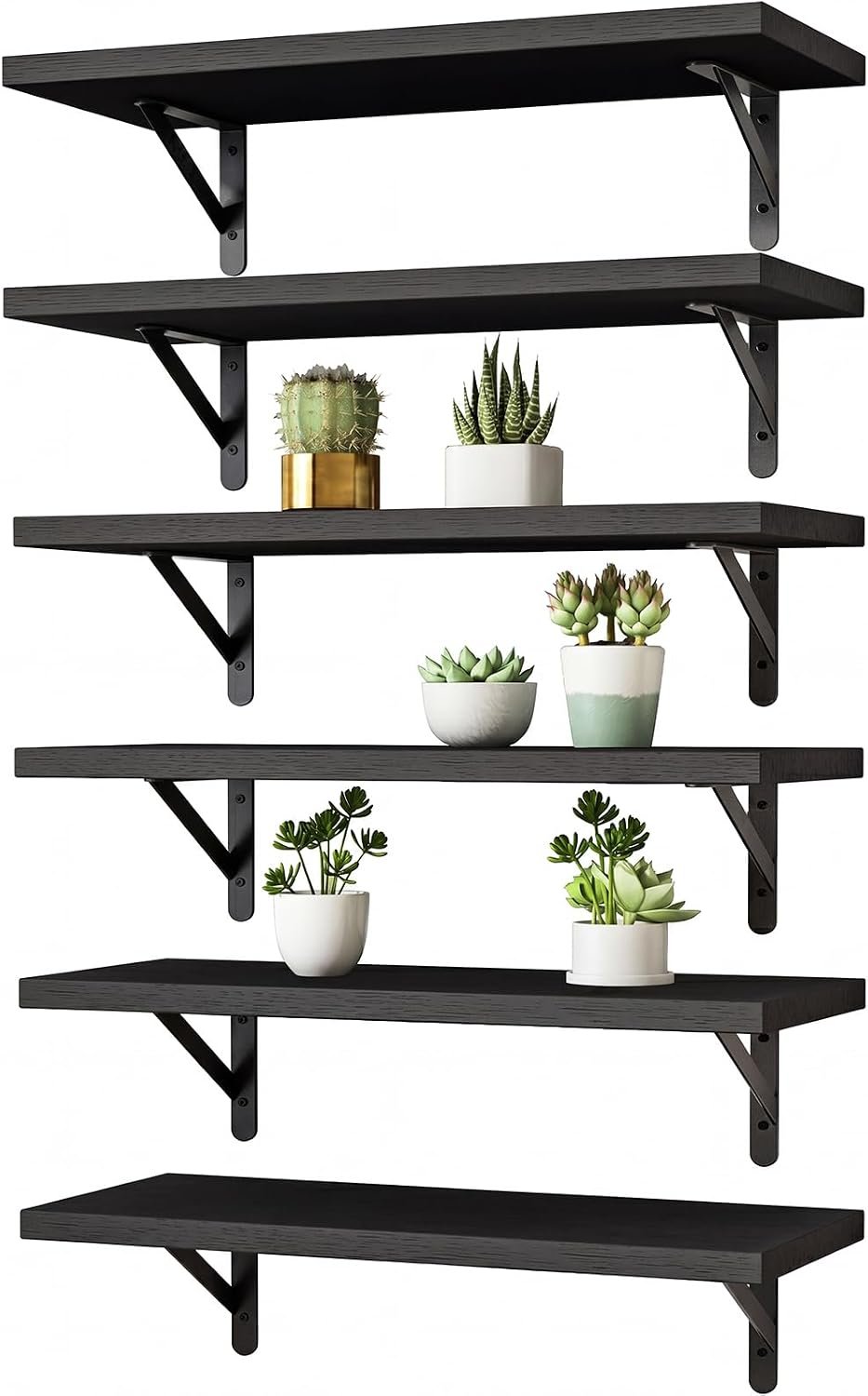 YGEOMER 16.5in Floating Shelves for Wall Home Decor, Black Set of 6 | Rustic wood shelves with metal brackets. Space-saving for books & decor. Works in bathroom, kitchen, living room & bedroom.