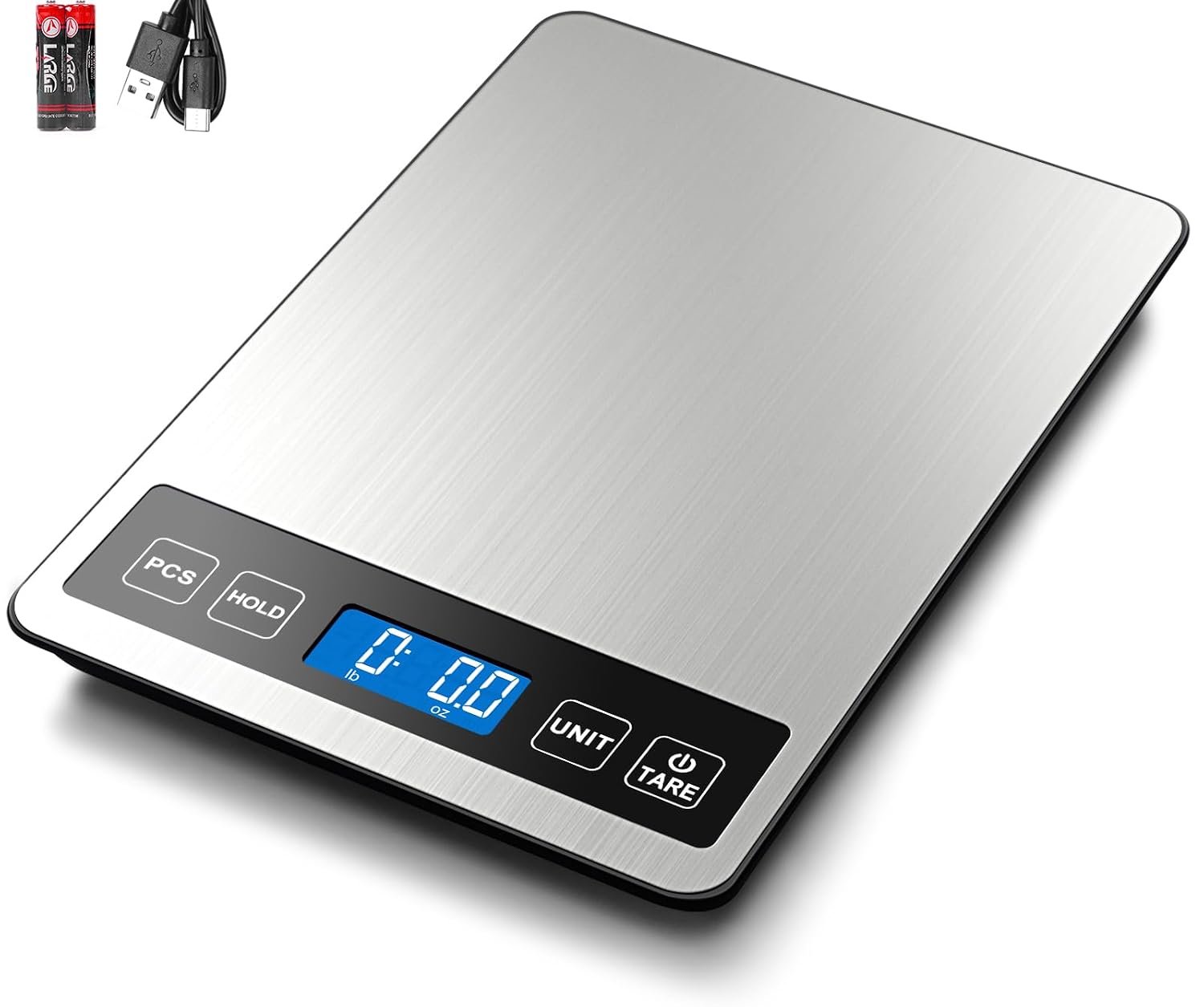 Fuzion Food Scale, 22lb/0.1oz Digital Kitchen Scale – 7 Units, Tare & PCS | Rechargeable Power, Tempered Glass & Stainless Steel – Digital Food Scale Grams and Ounces for Baking, Cooking, Weight Loss