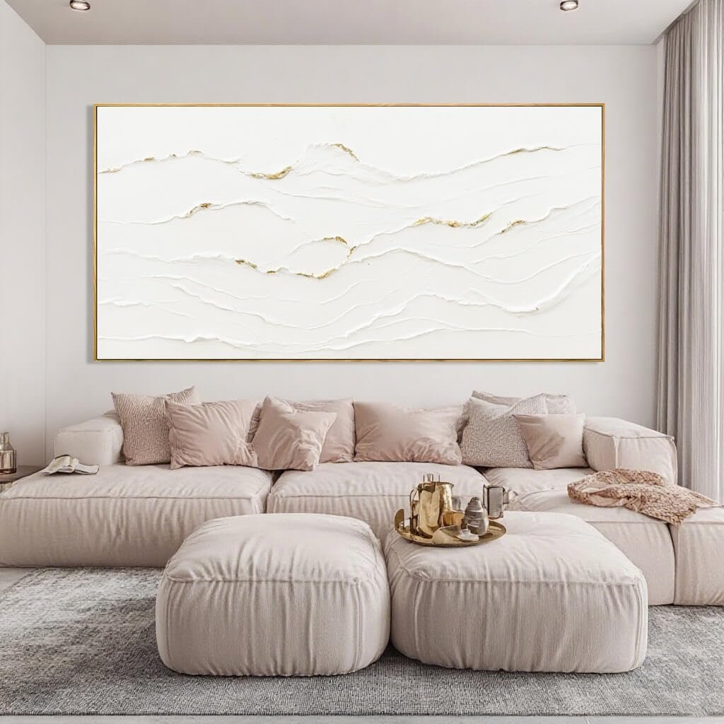 Large Framed White Abstract Gold Wall Art for Living Room 29×58 Inch