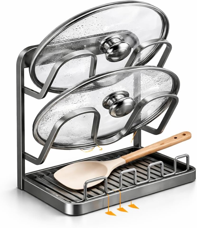 NUOREEL Kitchen Pot Lid Organizer, Extra-Wide Kitchen Pot Lid Storage Rack for Bigger Lids, Heavy-Duty Carbon Steel Frame with Reinforced ABS Base, Fits 30–32cm Lid (Gray)
