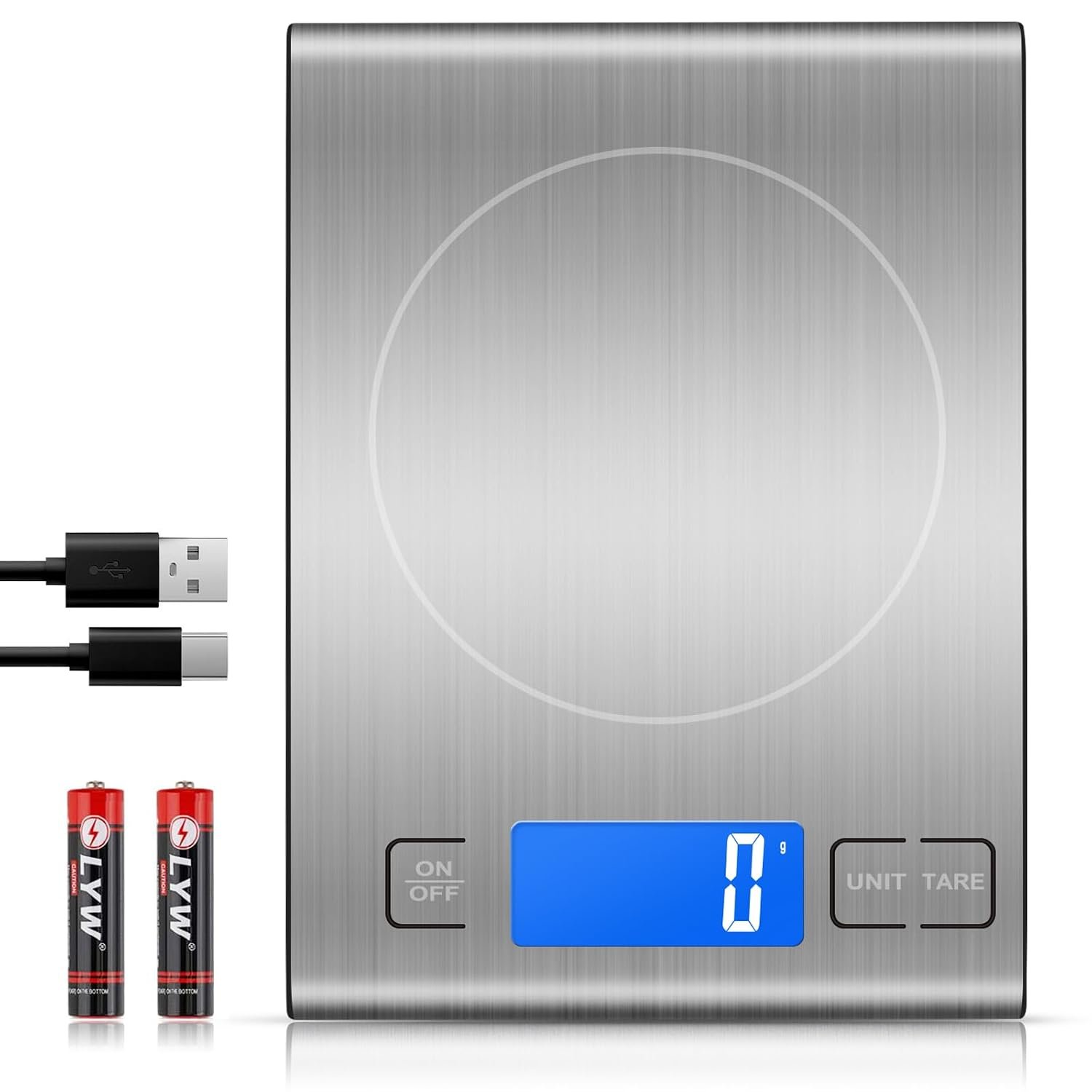 33lb Rechargeable Food Scale, Diyife 304 Stainless Steel Kitchen Scale | 7.5 * 5.5 in Weight Grams and Ounces for Baking, Cooking, 5 Units with Tare Function, LCD Display, 2 AAA Batteries