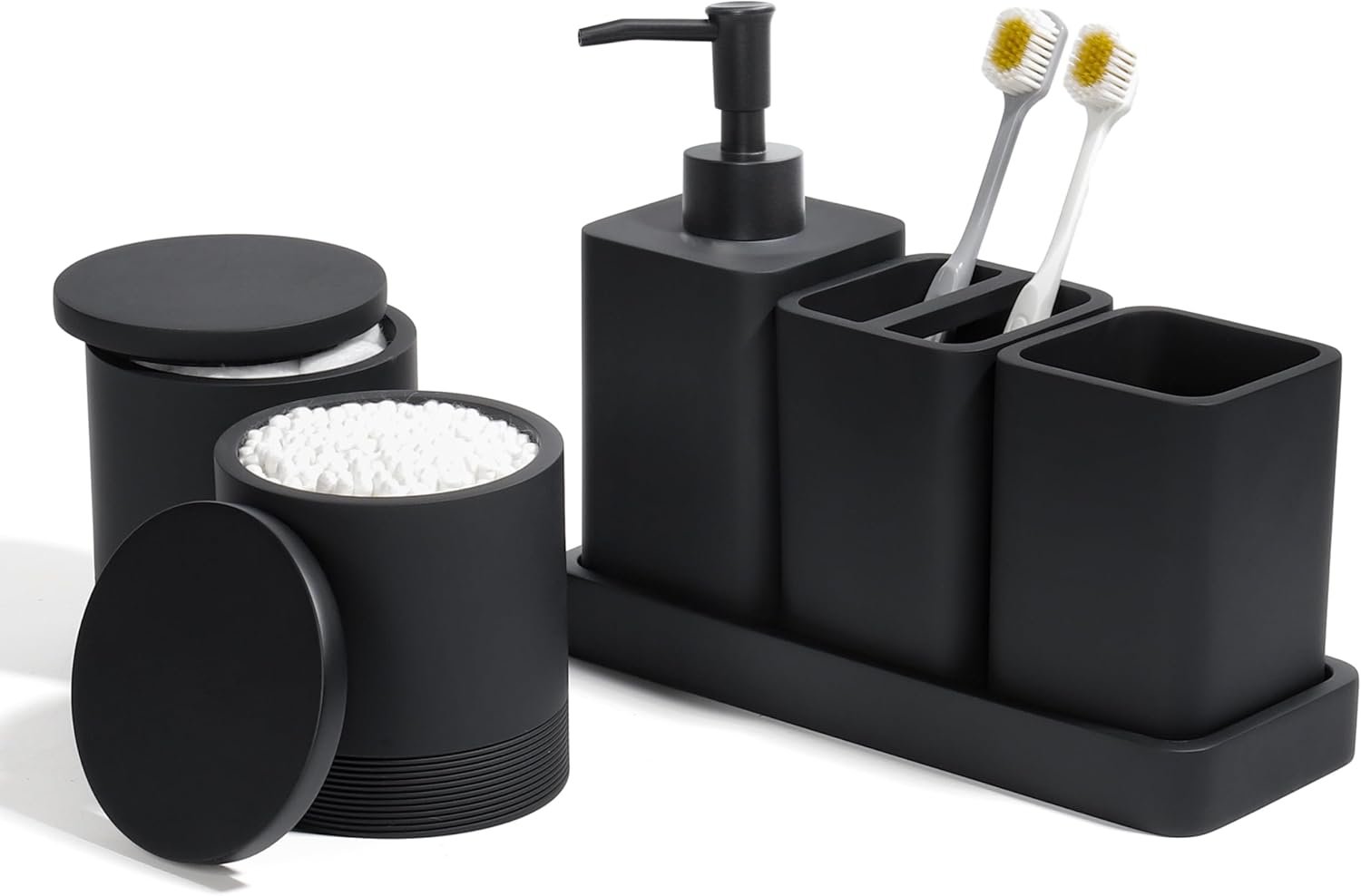 Bathroom Accessories Set, 6 Piece Soap Dispenser Set – Matte Black | Bathroom Set with Toothbrush Holders, Soap Dispenser, Vanity Tray, Tumbler, Cotton Swab Jars, Bathroom Organizer and Storage