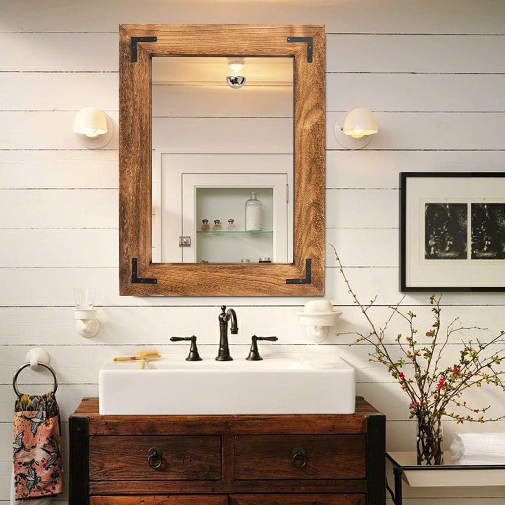 Rustic Wooden Framed Wall Mirror, Natural Wood Bathroom Vanity Mirror for Farmhouse Decor, Vertical or Horizontal Hanging, 32″ x 24″, Brown