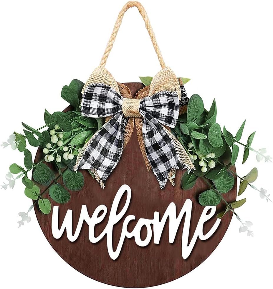 Welcome Sign for Front Door, 12 Inch Round Wood Wreath | Weatherproof Solid Wood, 3D Embossed Letters, Firmly Stapled Greenery & Bow, Anti-Fade & Anti-Warp, Outdoor Porch Decor