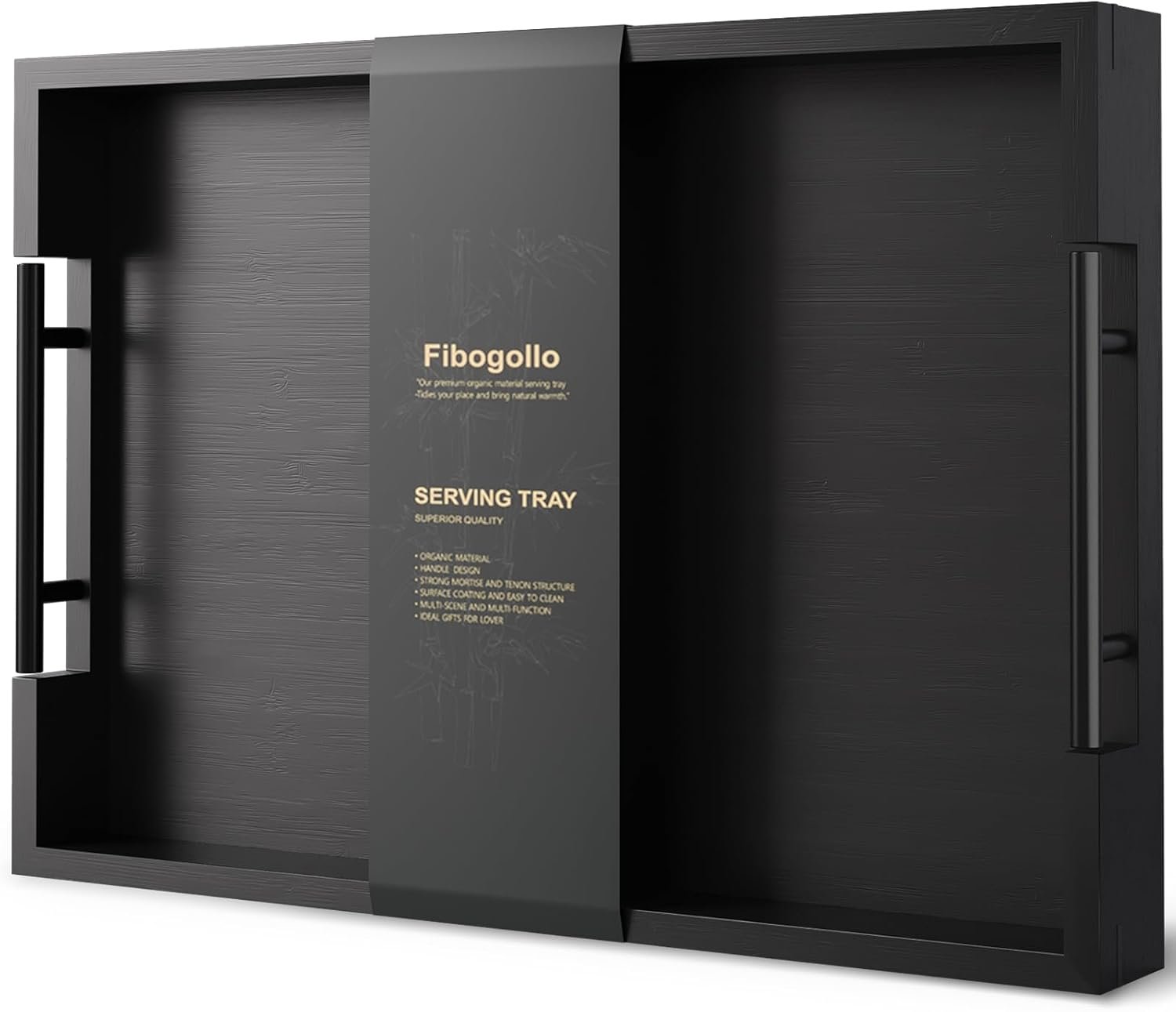 Fibogollo Bamboo Serving Trays with Metal Handles,Large(Black) | 17 x 12Inch Ottoman Decorative Trays Platter for Coffee Table,Living Room,Bar,Party,Holiday Hosting and Outdoor Entertaining
