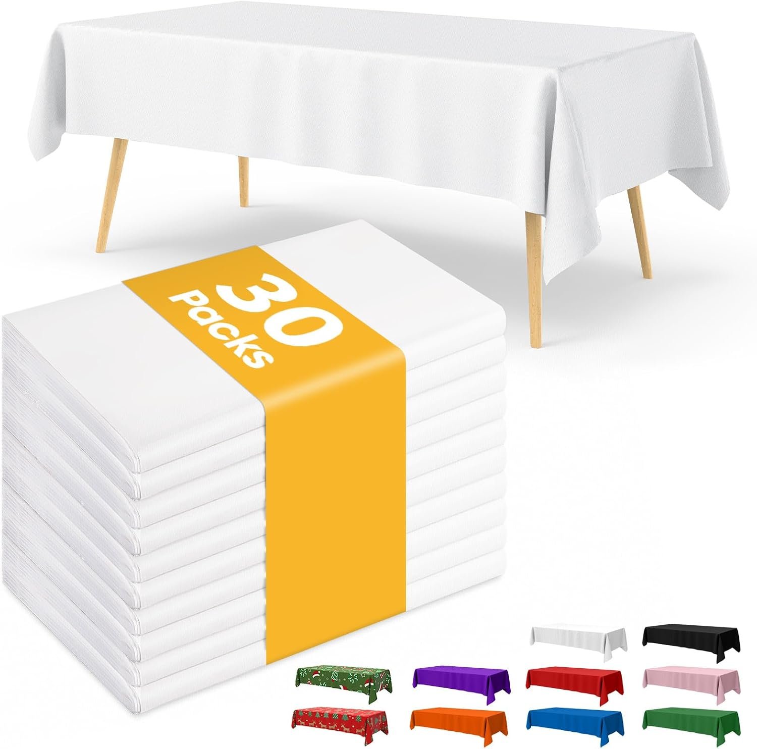 White Plastic Table Cloth – 30 Pack 54″ × 108″ Rectangle Disposable Tablecloths for 6FT Tables, Waterproof Table Cover for Party, Holiday & Gathering Use | Rectangle, 6 ft Tables, Waterproof, Disposable Cover, Party Holiday Gathering