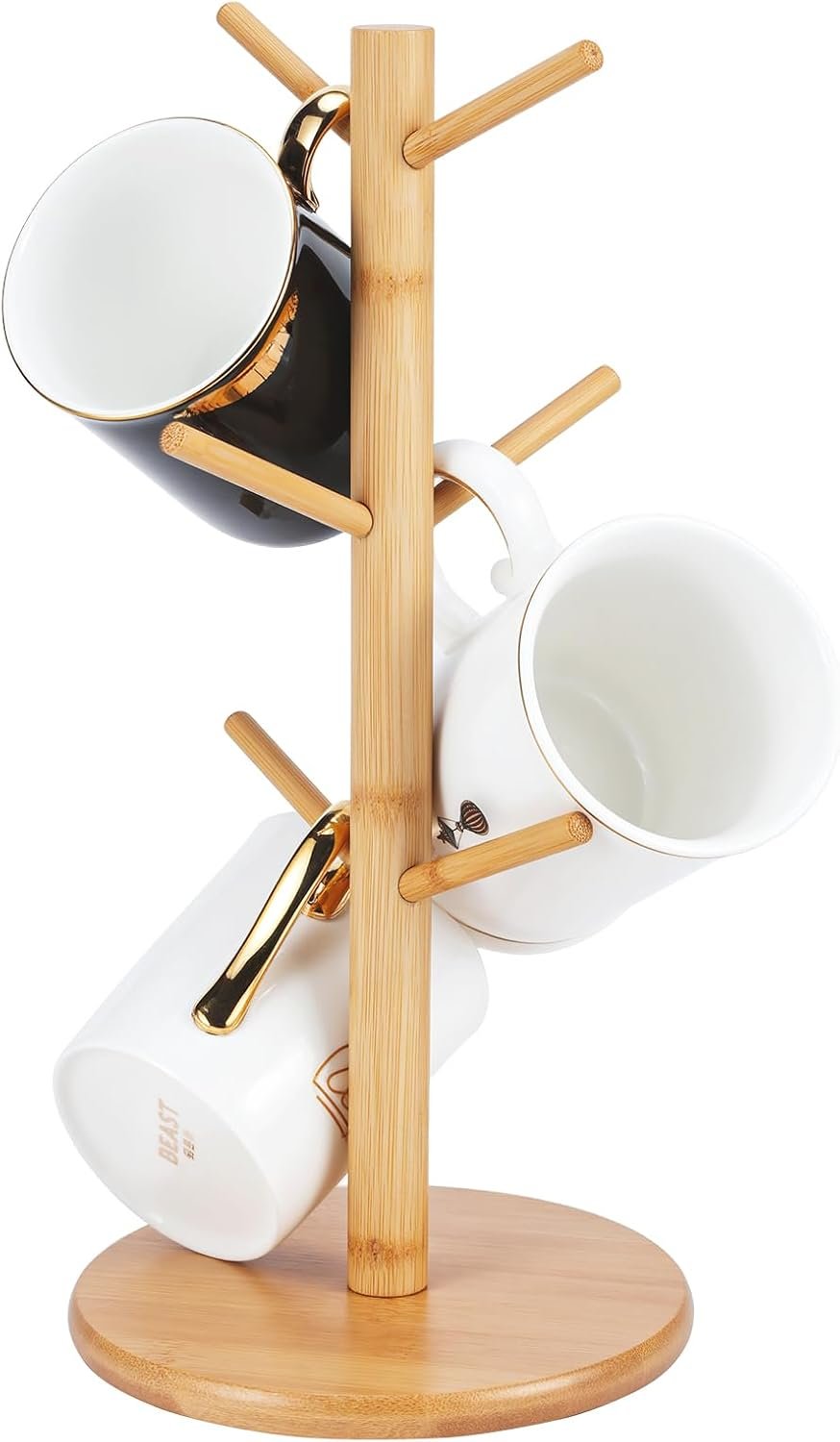 Bamboo Mug Tree Holder, Upgraded Screw Type 6 Hooks Coffee Mug Holders | Decorative Mug Racks for Counter, Non-Slip Coffee Mug Cup Trees