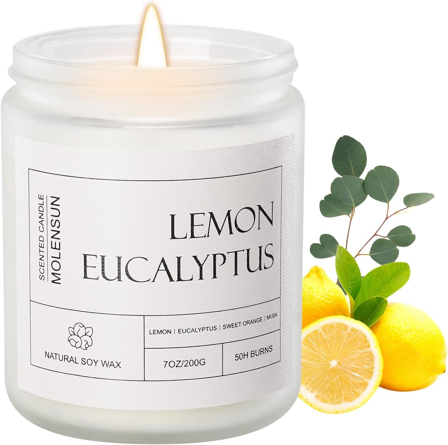 Molensun Lemon Eucalyptus Scented Candle, Soy Wax 7 oz | Bright lemon eucalyptus aromatherapy fragrance; 50H burn long-lasting jar candle; Gift for women