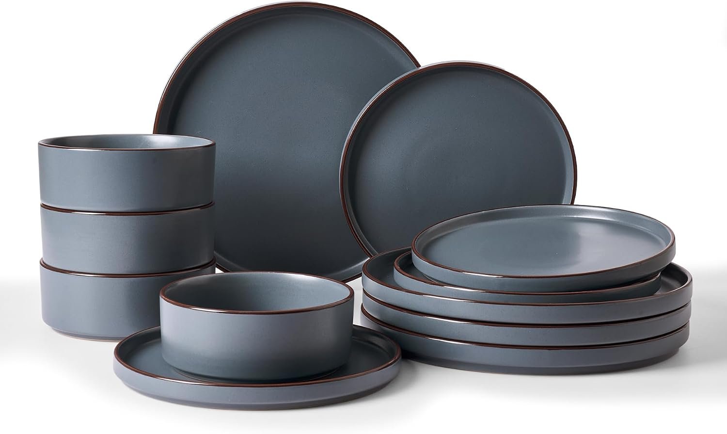 Famiware Nebula Ridge 12-Piece Stoneware Dinnerware Set, Charcoal | Plates and Bowls for 4, Warm Hand-Painted Rims, Microwave and Dishwasher Safe, Daily Essentials